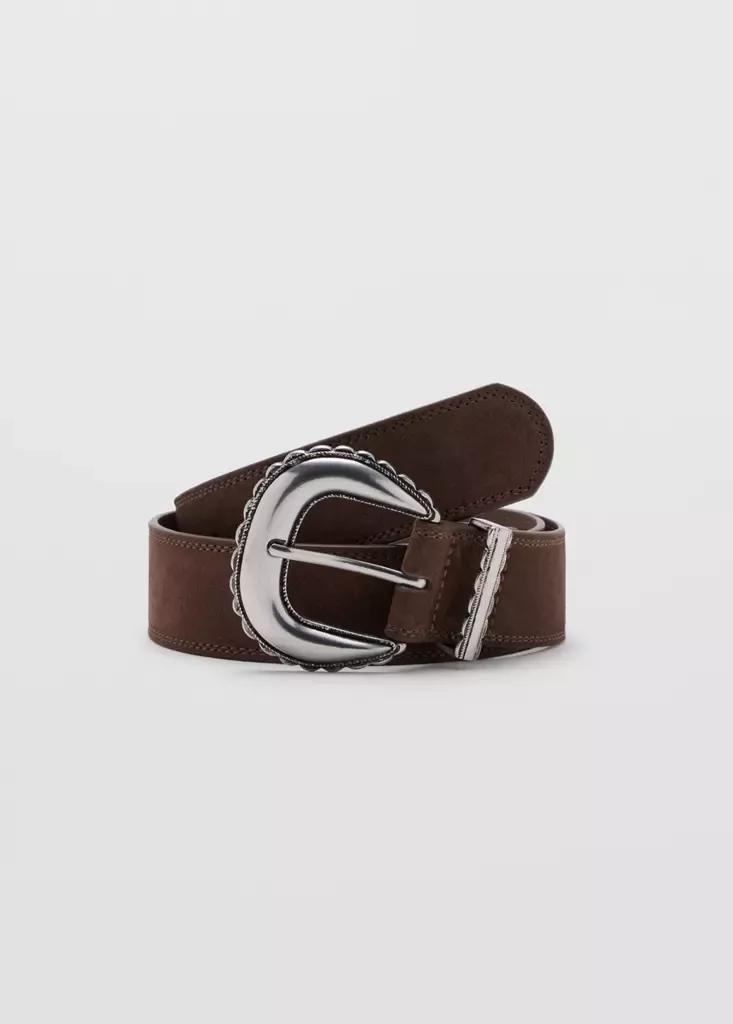Brown Engraved Buckle Leather Belt, , medium
