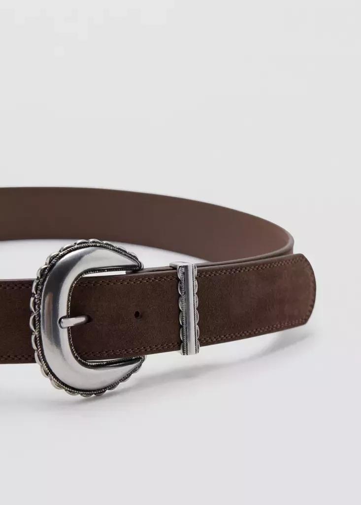 Brown Engraved Buckle Leather Belt, , medium
