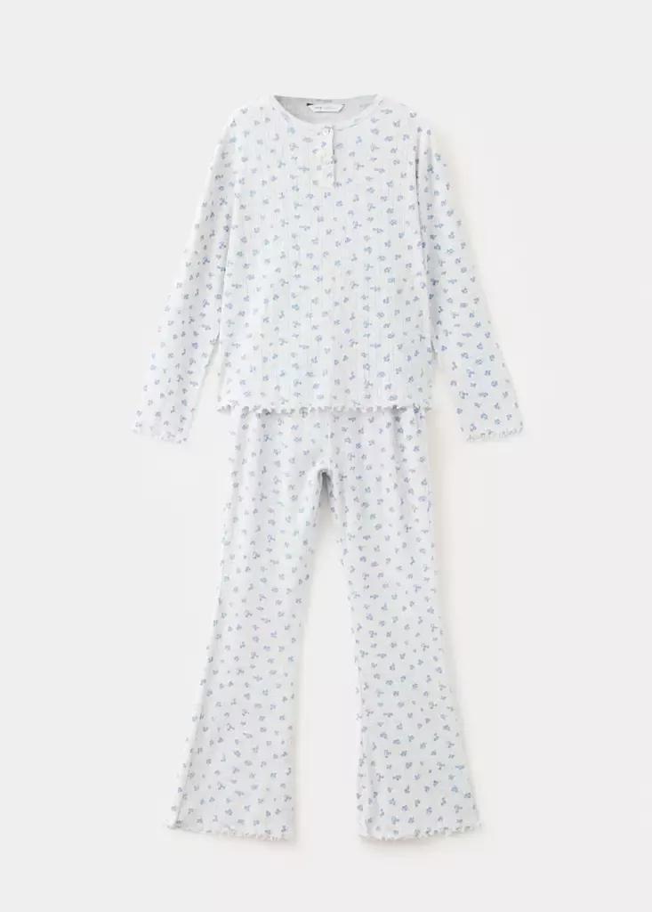 Grey Floral Print Long Pyjama Set, Light Pastel Grey, medium