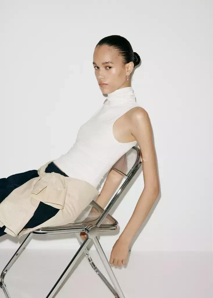 Cream Sleeveless Turtleneck Top, , large image number 3
