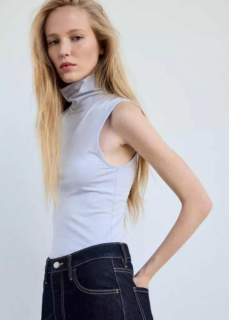 Blue Sleeveless Turtleneck Top, , medium