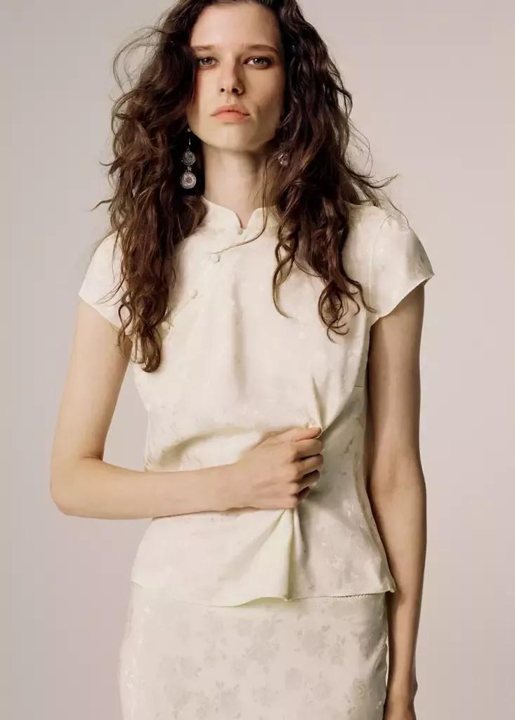 Beige Jacquard Top With Strap Neck, , medium