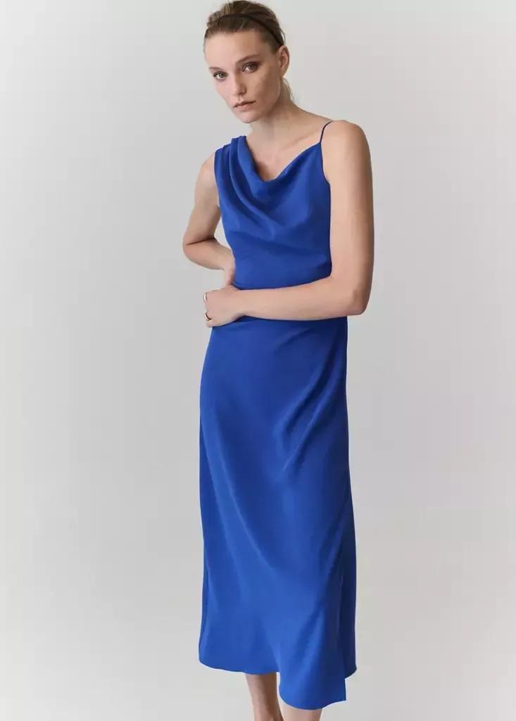 Blue Asymmetric Side Ruched Dress, , medium