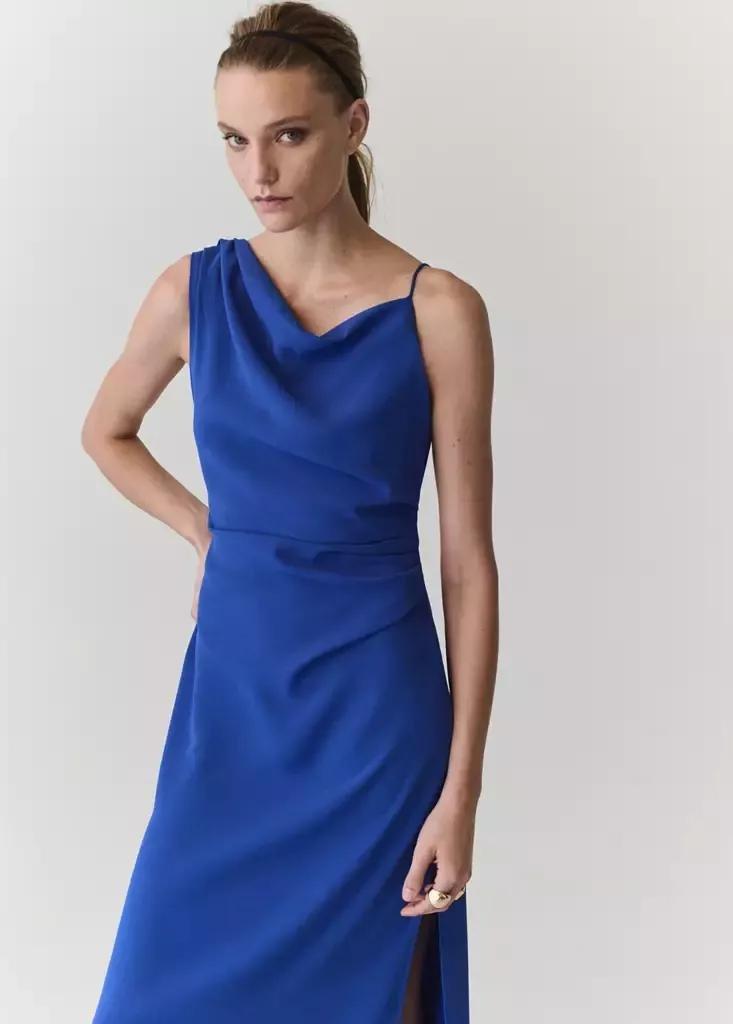 Blue Asymmetric Side Ruched Dress, , medium