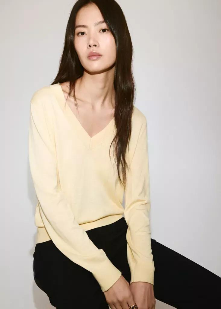 Cream V-Neck Knit Sweater, , large image number 1