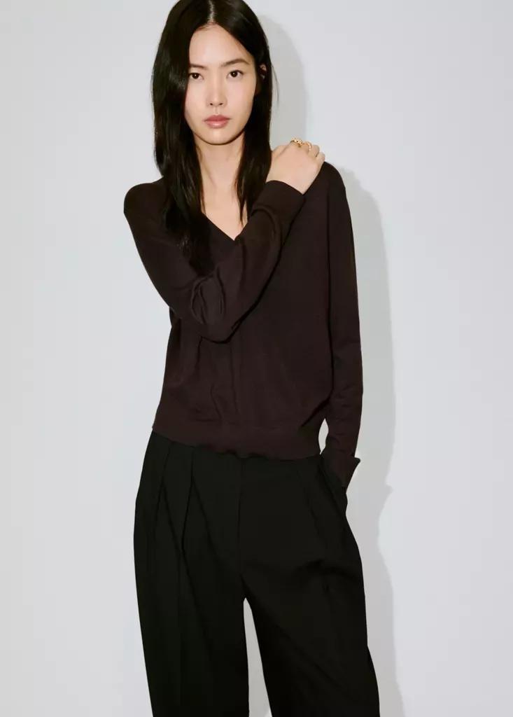 Brown V-Neck Knit Sweater, Dark Brown, large image number 3