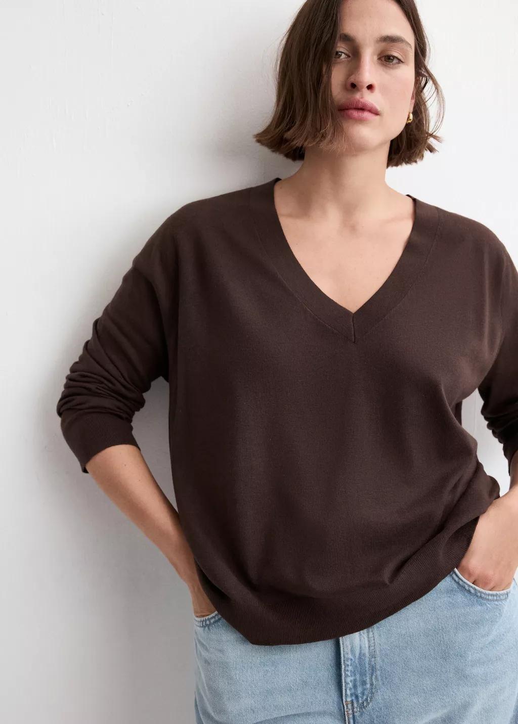 Brown V-Neck Knit Sweater, Dark Brown, large image number 6