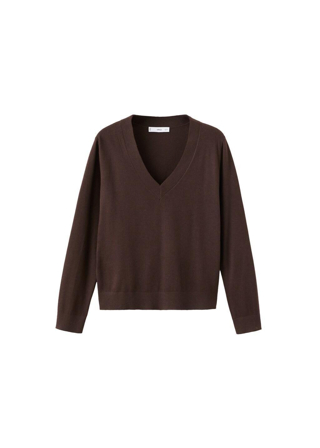 Brown V-Neck Knit Sweater, Dark Brown, large image number 7
