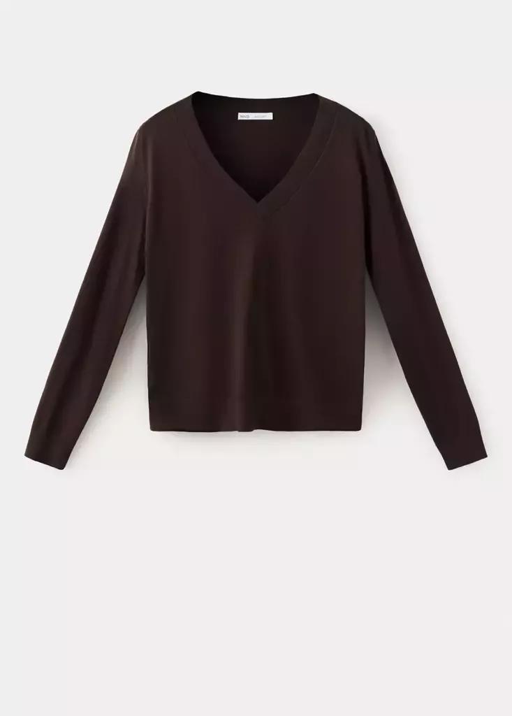 Brown V-Neck Knit Sweater, Dark Brown, large image number 9