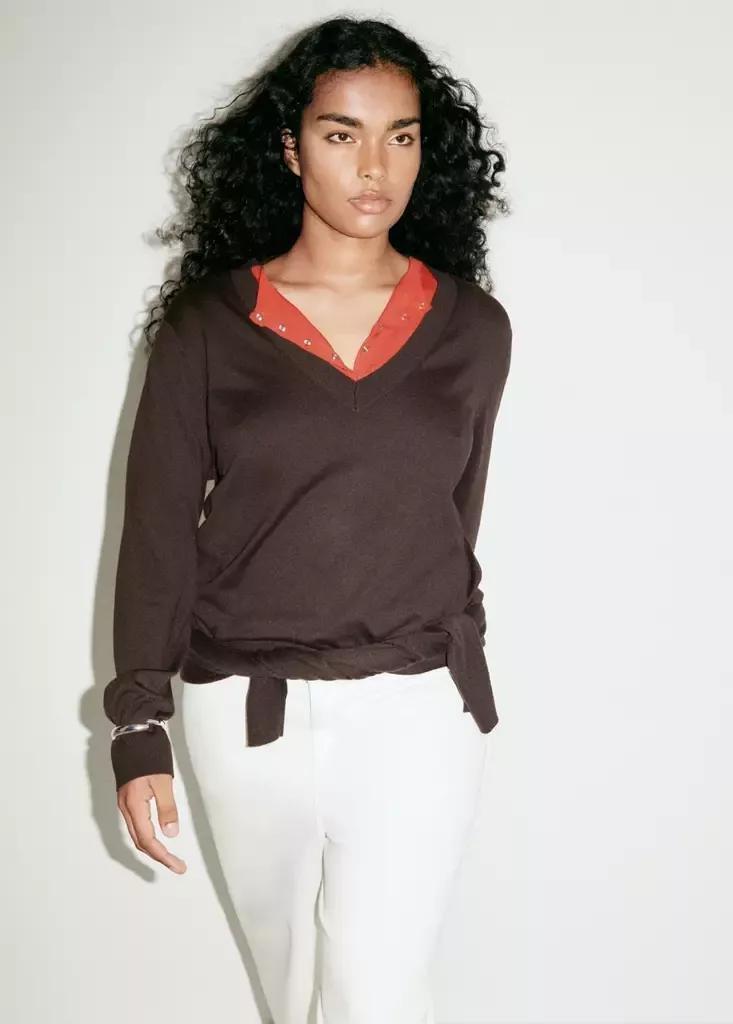Brown V-Neck Knit Sweater, Dark Brown, large image number 13