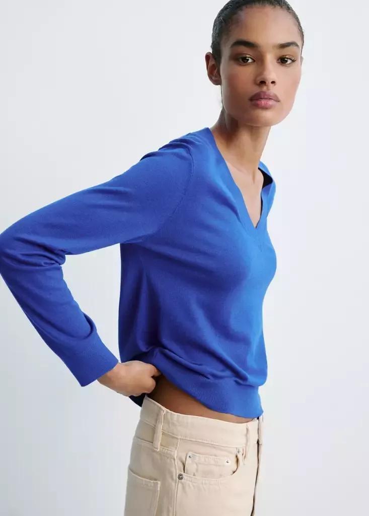 Blue V-Neck Knit Sweater, , medium
