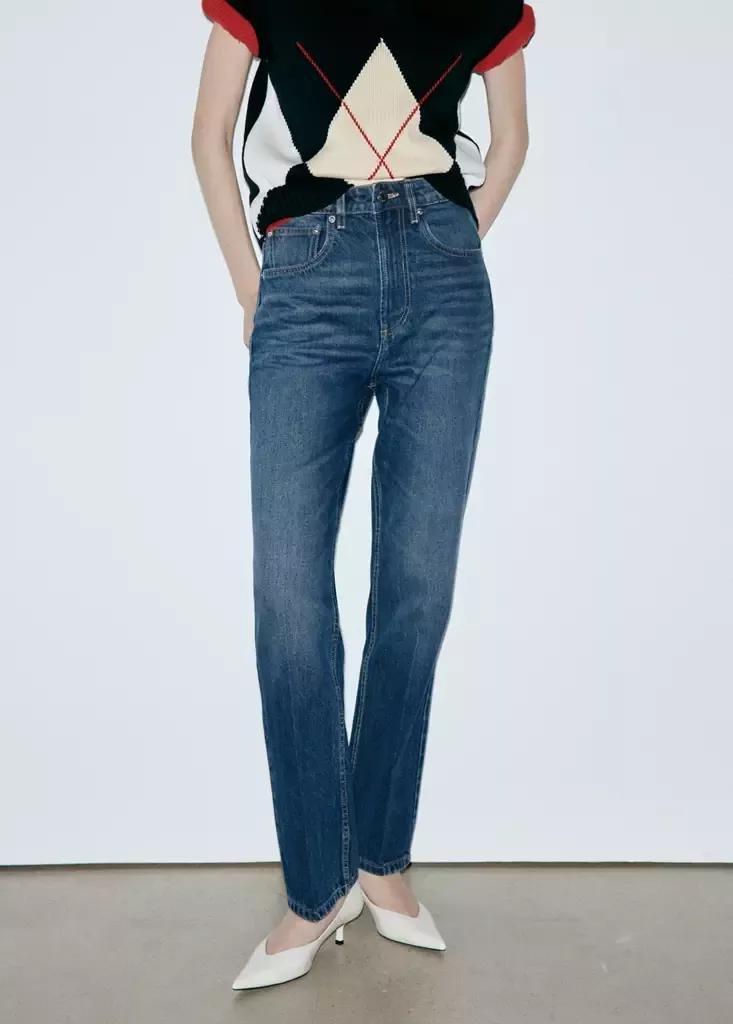 Navy High Waist Straight Jeans, Open Blue, large image number 1