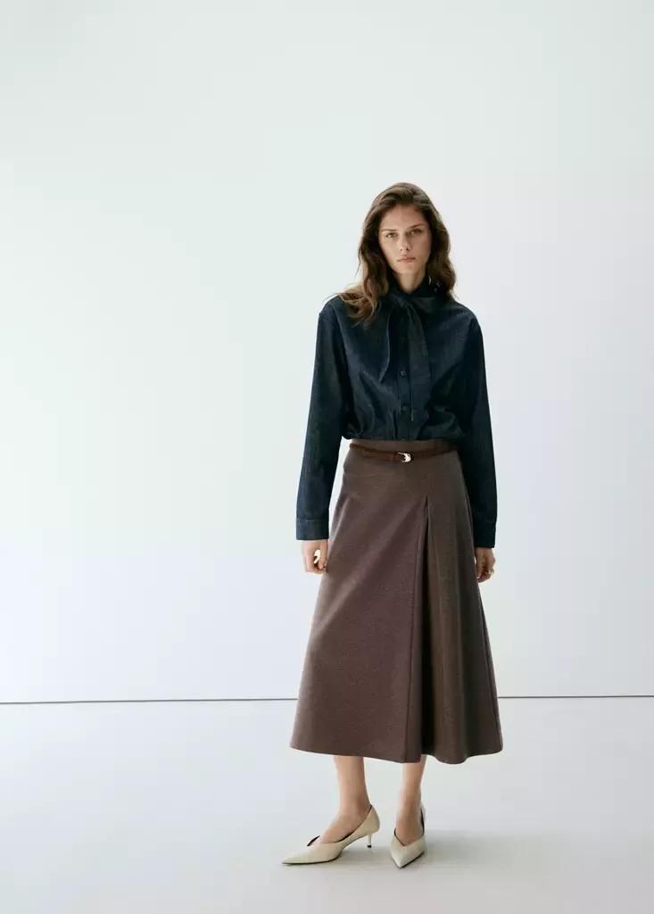Brown Midi Godet Skirt, Brown, medium