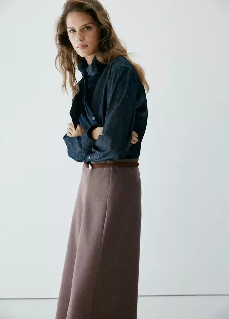 Brown Midi Godet Skirt, Brown, large image number 3