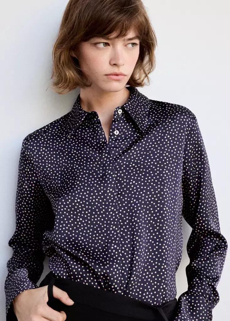 Blue Polka-Dot Satin-Finish Shirt, Dark Blue, medium