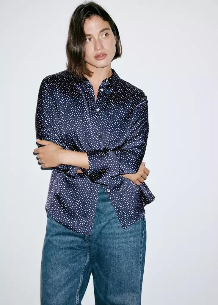 Blue Polka-Dot Satin-Finish Shirt, Dark Blue, large image number 6