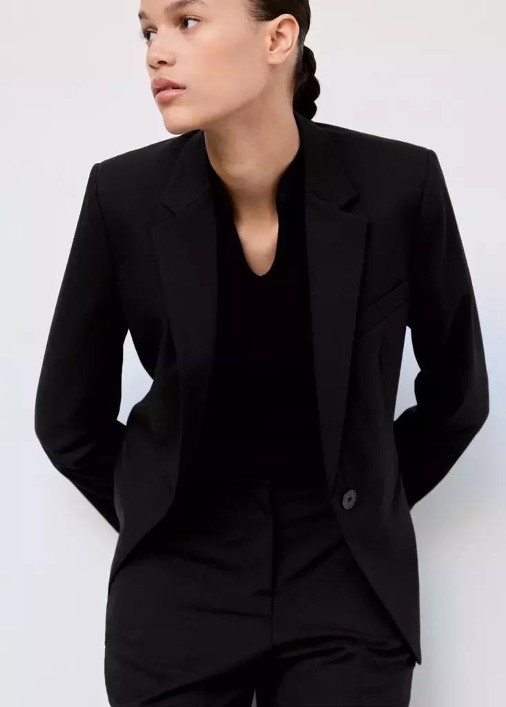 Black Fitted Suit Blazer, Black, medium