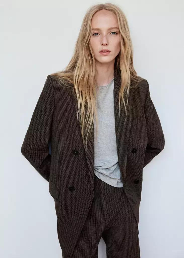 Brown Double-Breasted Suit Blazer, Dark Brown, medium