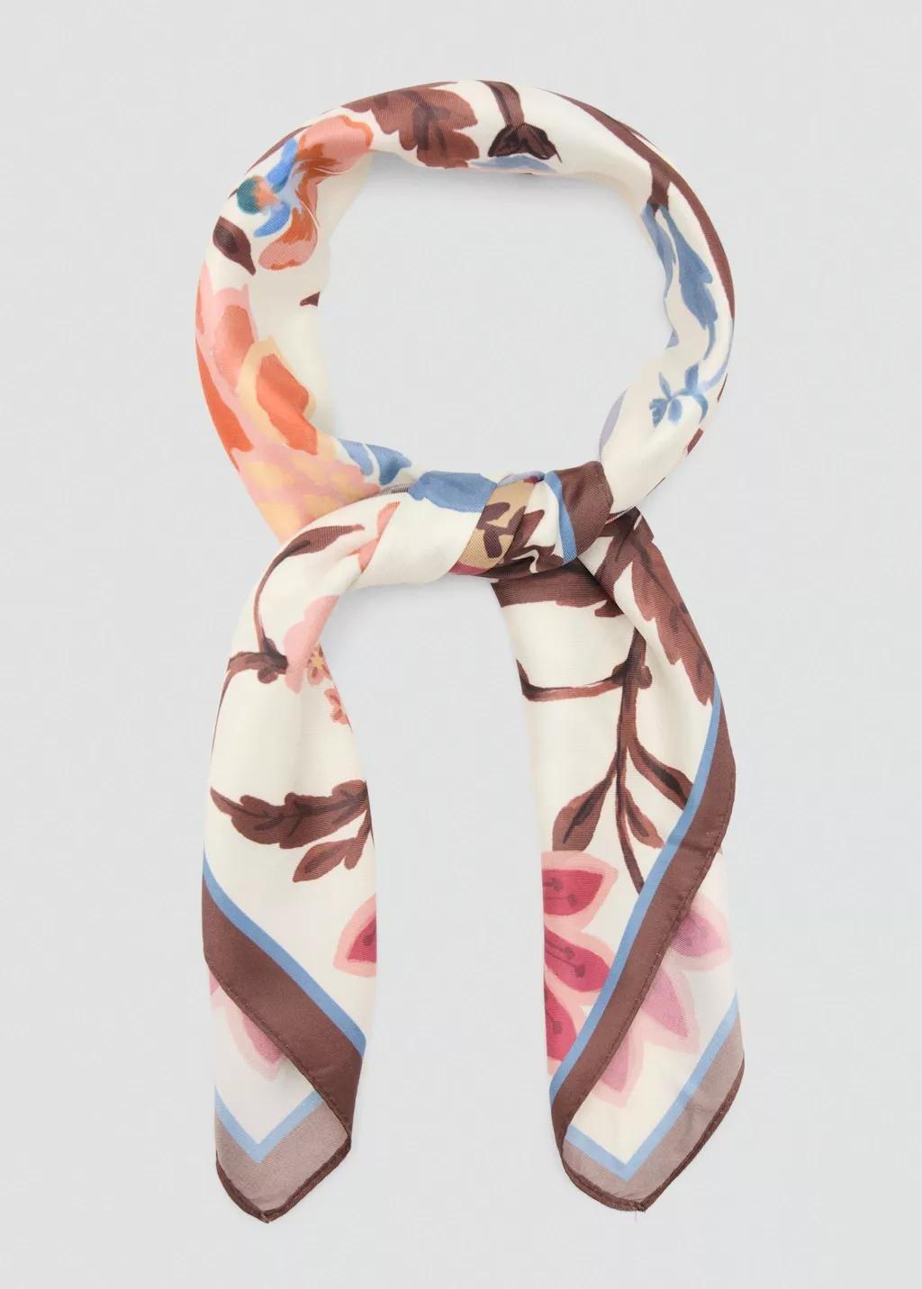 Brown Floral Print Scarf, Dark Brown, large image number 1