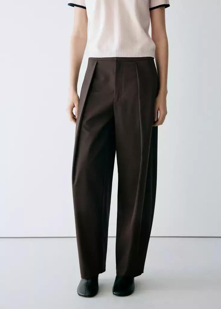 Brown Balloon Pleated Trousers, Dark Brown, large image number 3