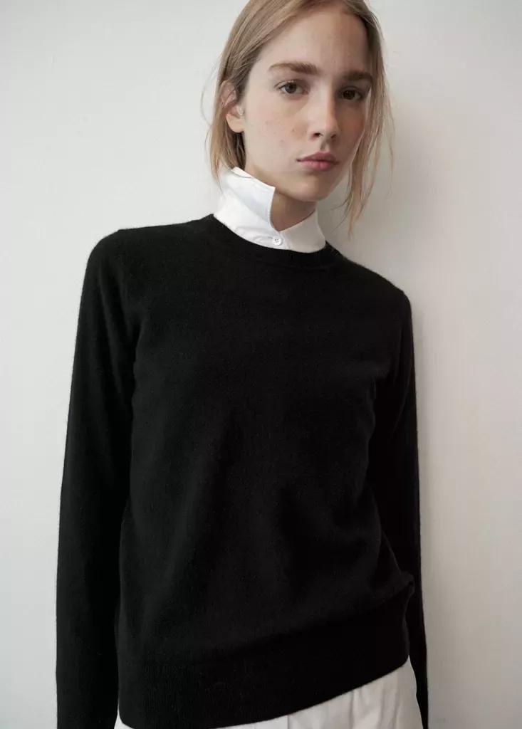 Black Cashmere Round-Neck Sweater, Black, medium