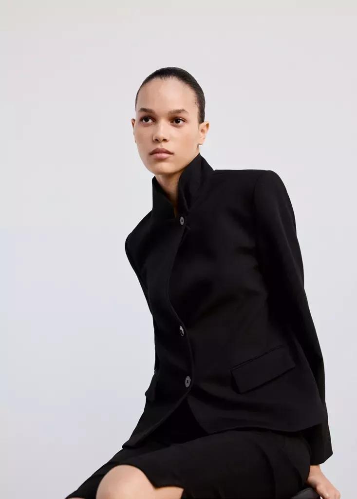 Black Straight-Cut Blazer With A Stand-Up Collar, Black, large image number 1