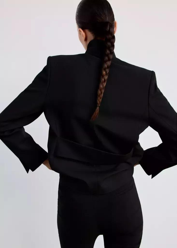 Black Straight-Cut Blazer With A Stand-Up Collar, Black, medium