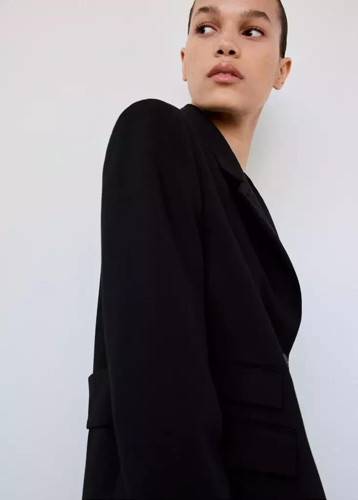 Black Straight-Cut Blazer With A Stand-Up Collar, Black, large image number 3