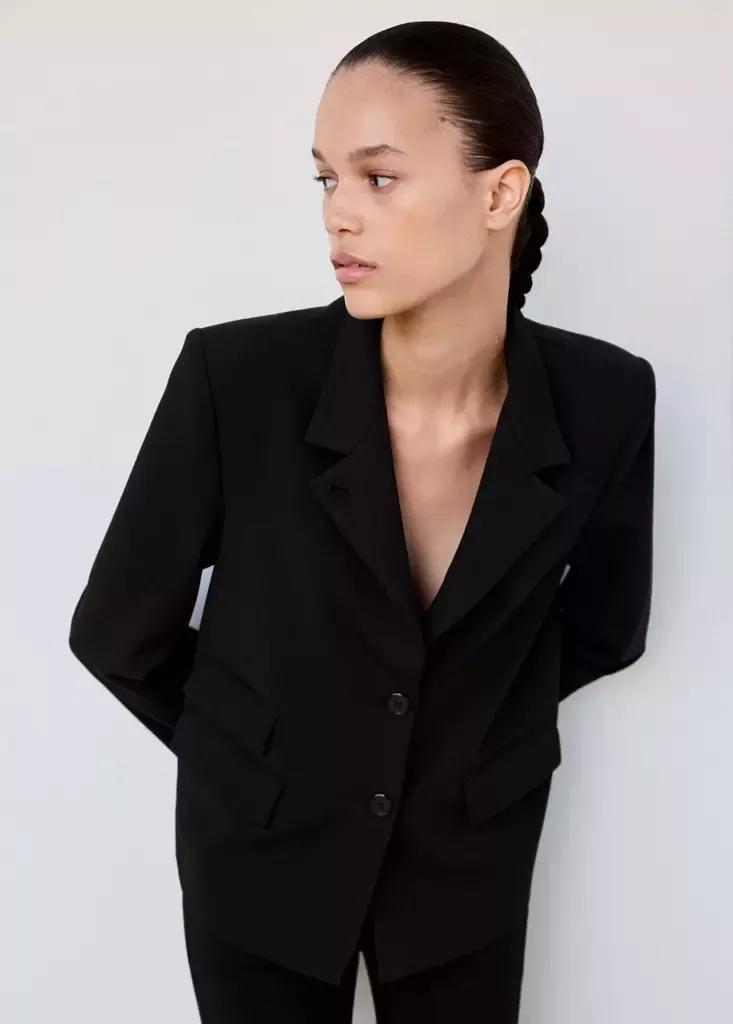 Black Straight-Cut Blazer With A Stand-Up Collar, Black, large image number 4