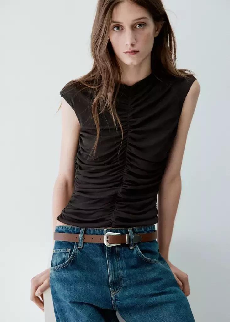 Brown Ruched Tops, Dark Brown, large image number 4