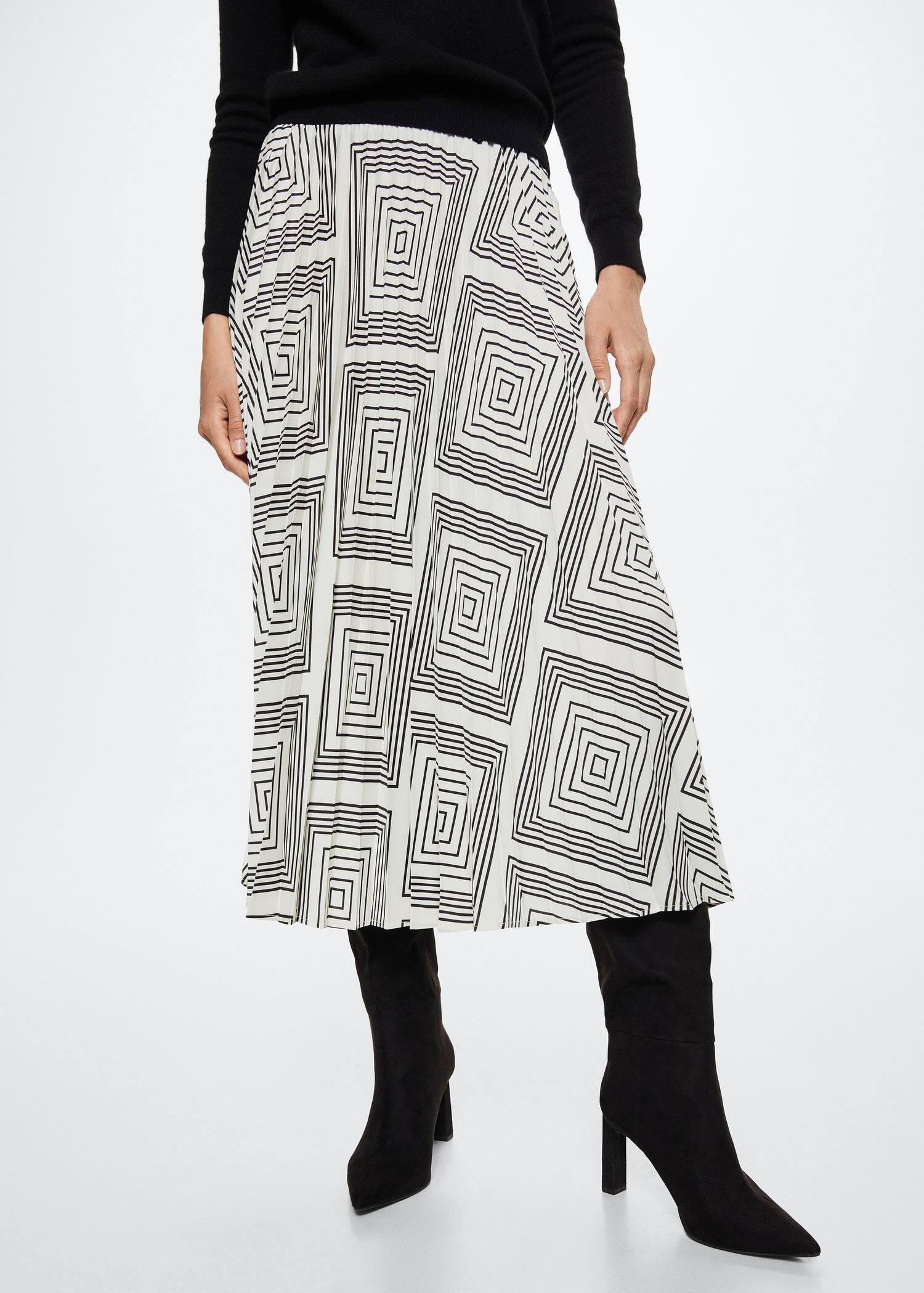 White Geometric Print Pleated Skirt, , large image number 0