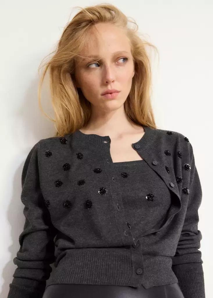 Grey Sequin-Detail Knitted Cardigan, Charcoal, medium