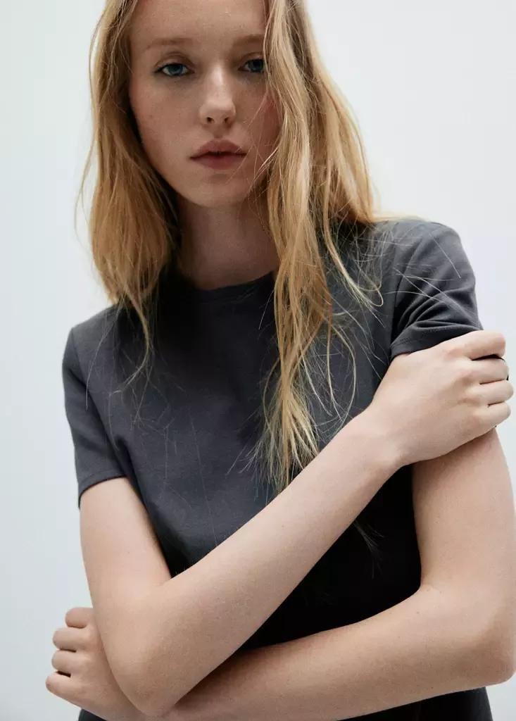 Grey Cotton Round Neck T-Shirt, Grey, medium