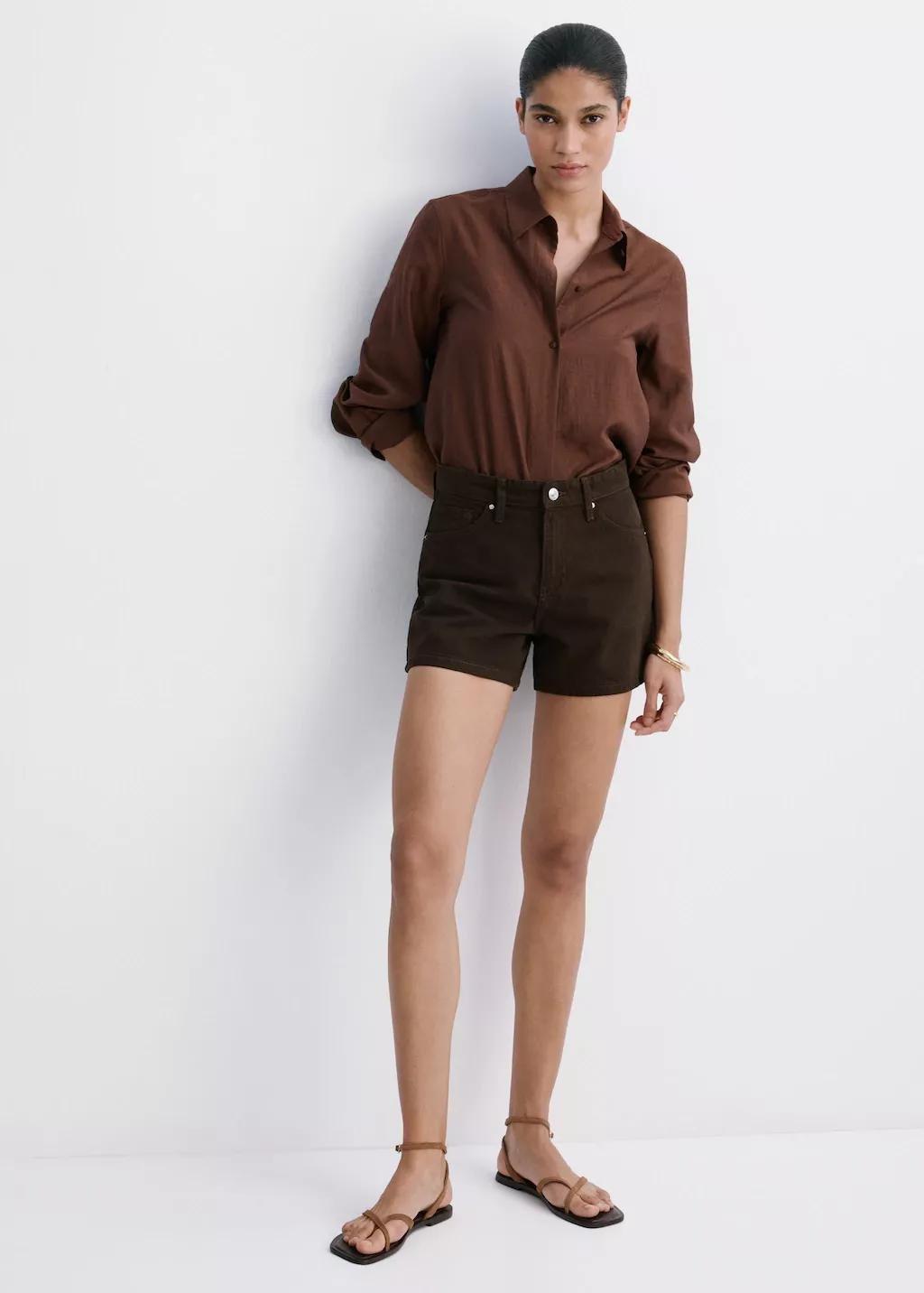 Brown Straight-Fit Denim Shorts, Dark Brown, large image number 0