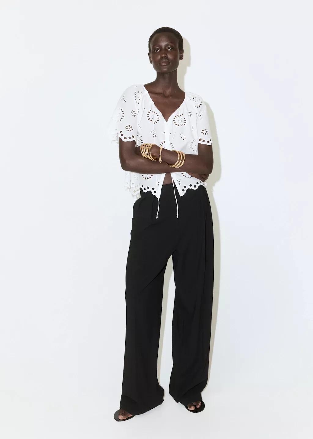 White 100% Cotton Blouse With Broderie Anglaise Embroidery, 0201_02, large image number 0