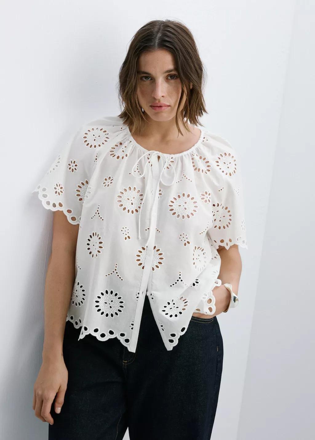White 100% Cotton Blouse With Broderie Anglaise Embroidery, 0201_02, large image number 6