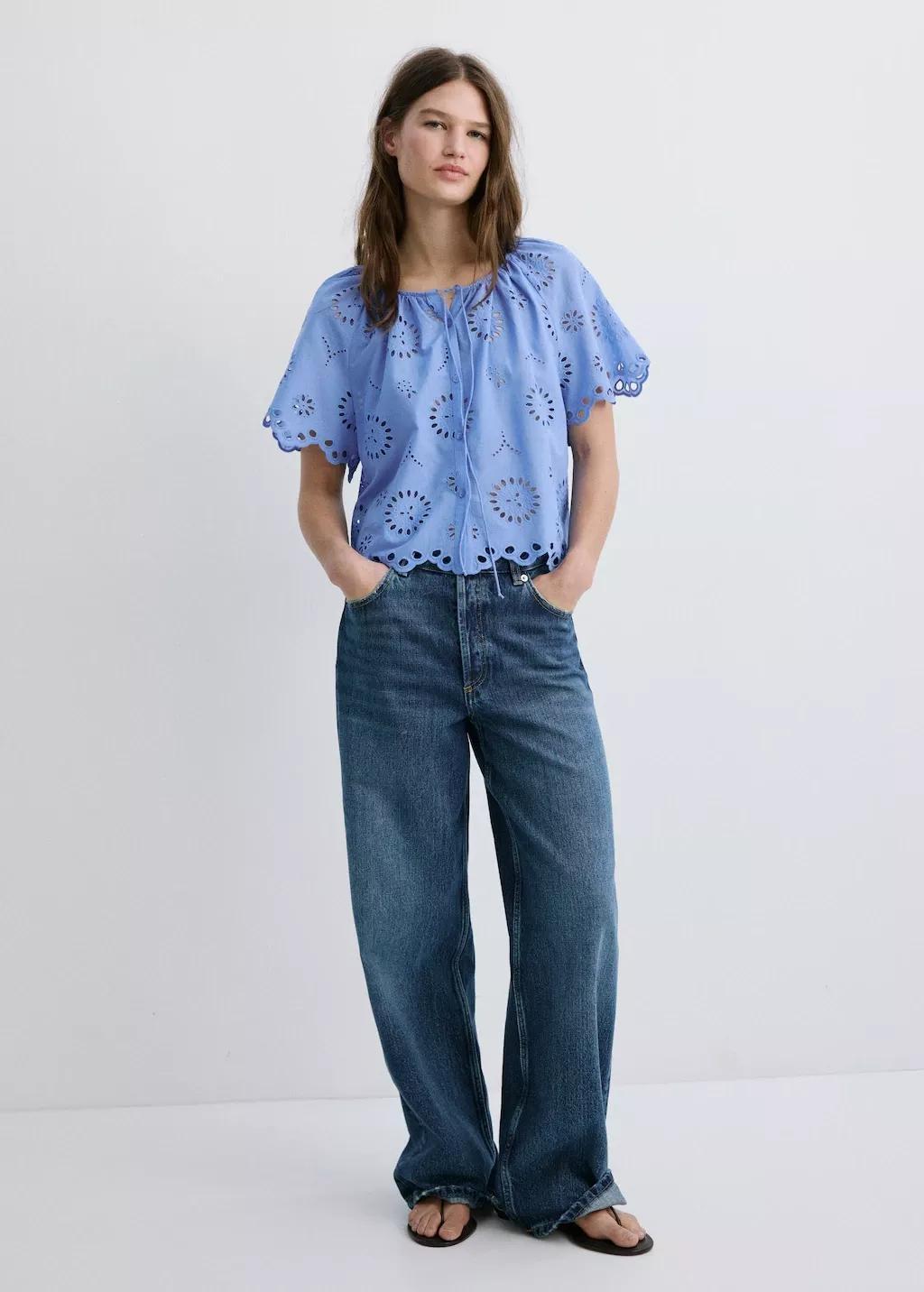 Blue 100% Cotton Blouse With Broderie Anglaise Embroidery, 0201_52, large image number 0