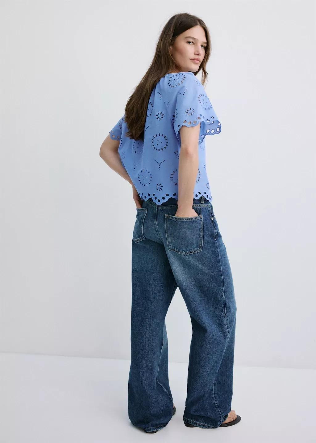 Blue 100% Cotton Blouse With Broderie Anglaise Embroidery, 0201_52, large image number 2