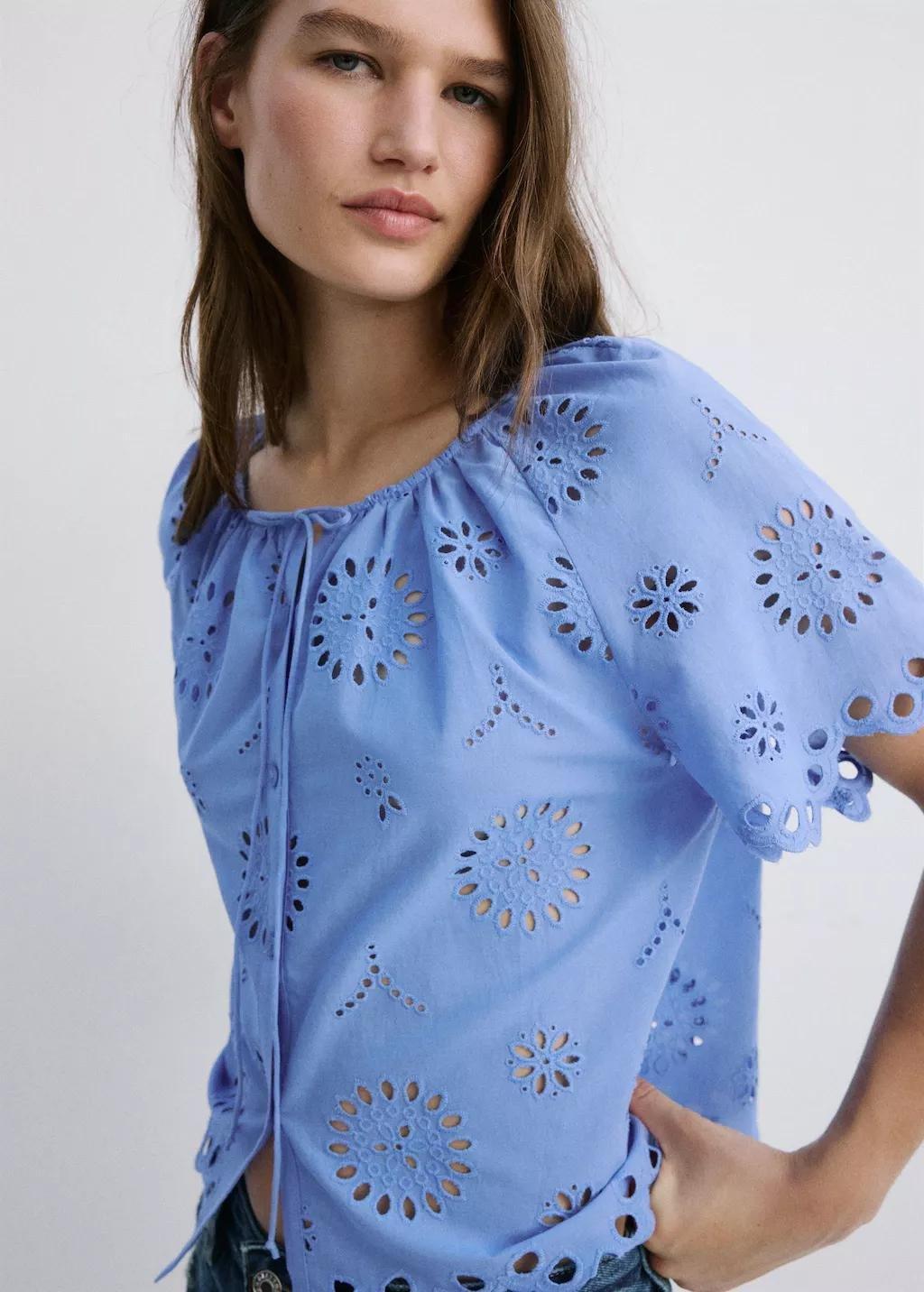 Blue 100% Cotton Blouse With Broderie Anglaise Embroidery, 0201_52, large image number 3