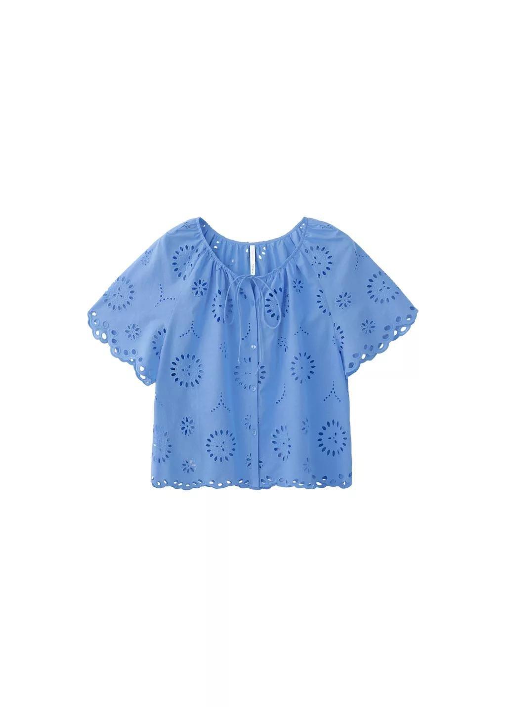 Blue 100% Cotton Blouse With Broderie Anglaise Embroidery, 0201_52, large image number 5