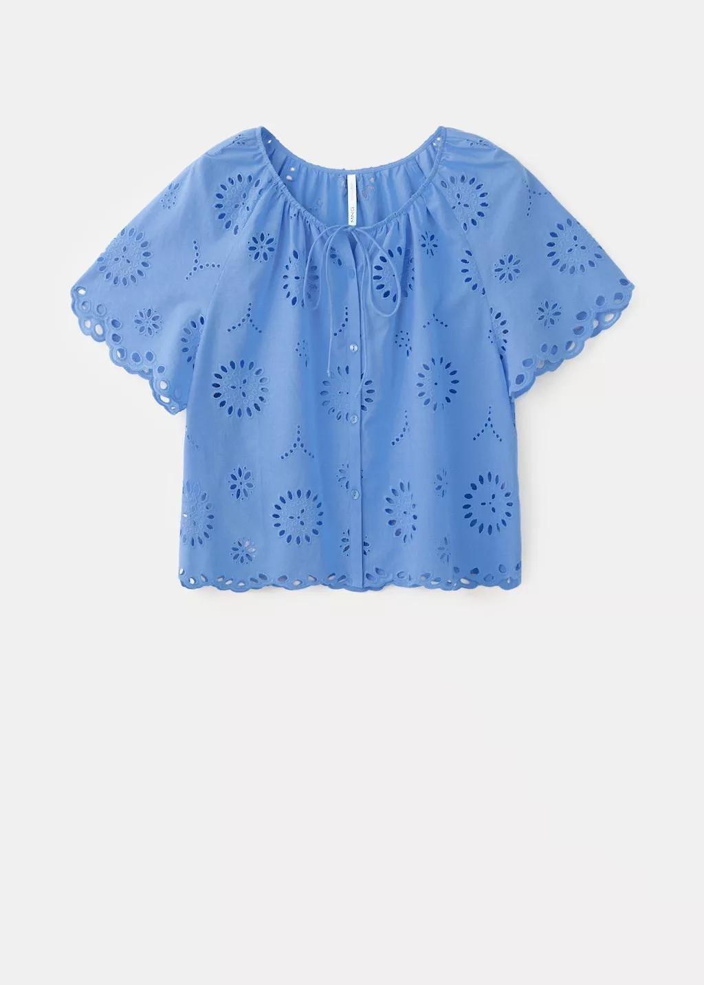 Blue 100% Cotton Blouse With Broderie Anglaise Embroidery, 0201_52, large image number 6
