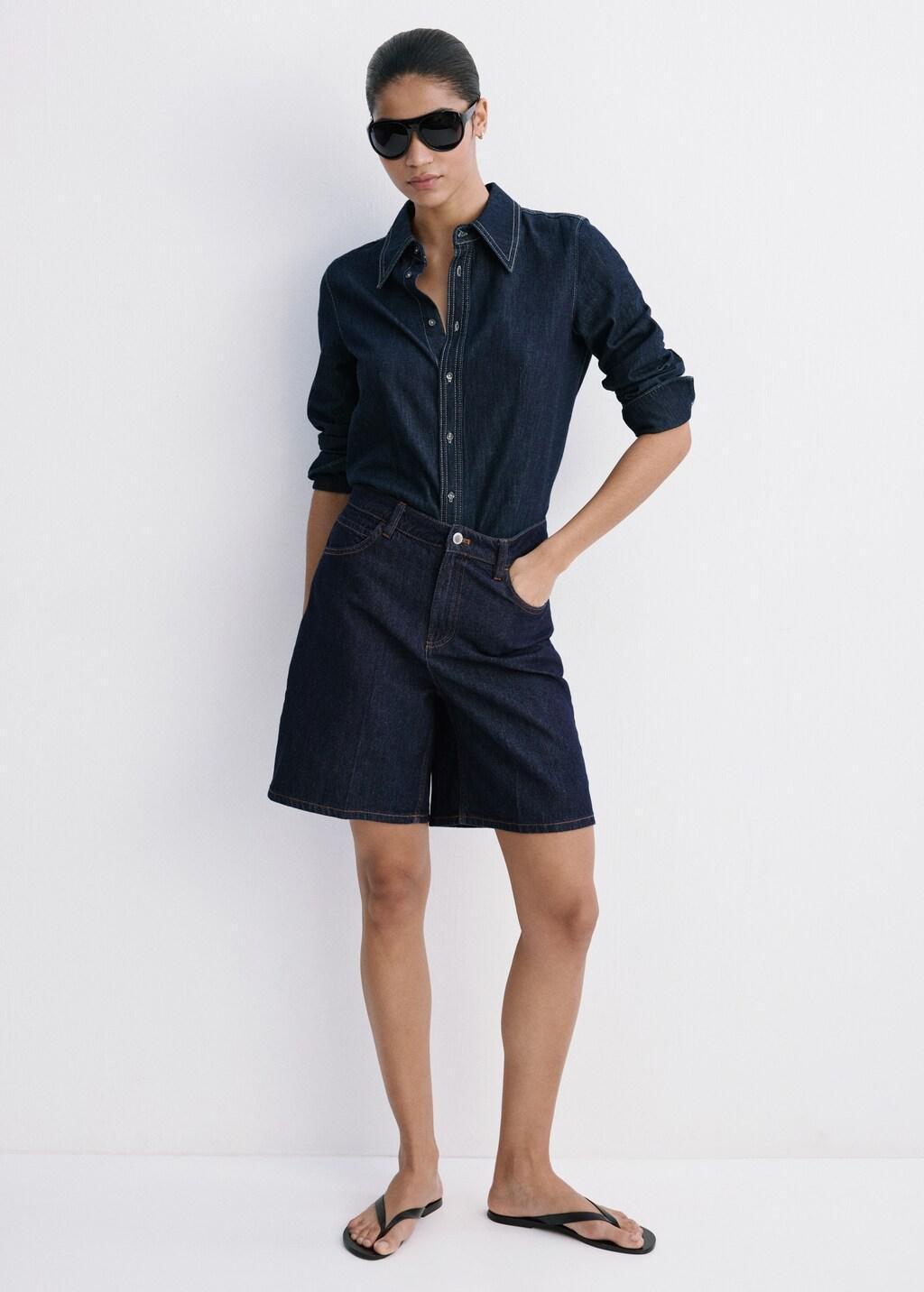 Blue High-Waist Straight-Fit Denim Shorts, Open Blue, large image number 0
