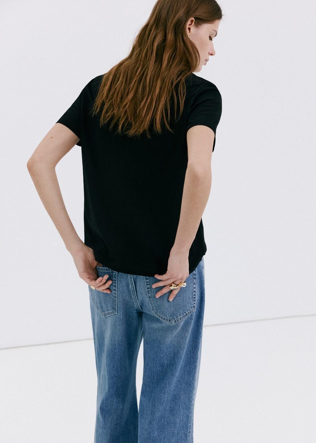 Black Rounded Neck Cotton T-Shirt, Black, large image number 2