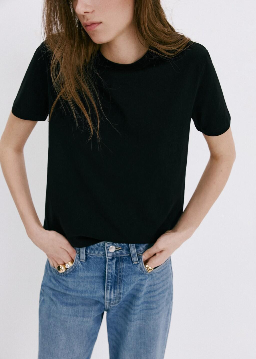 Black Rounded Neck Cotton T-Shirt, Black, large image number 3
