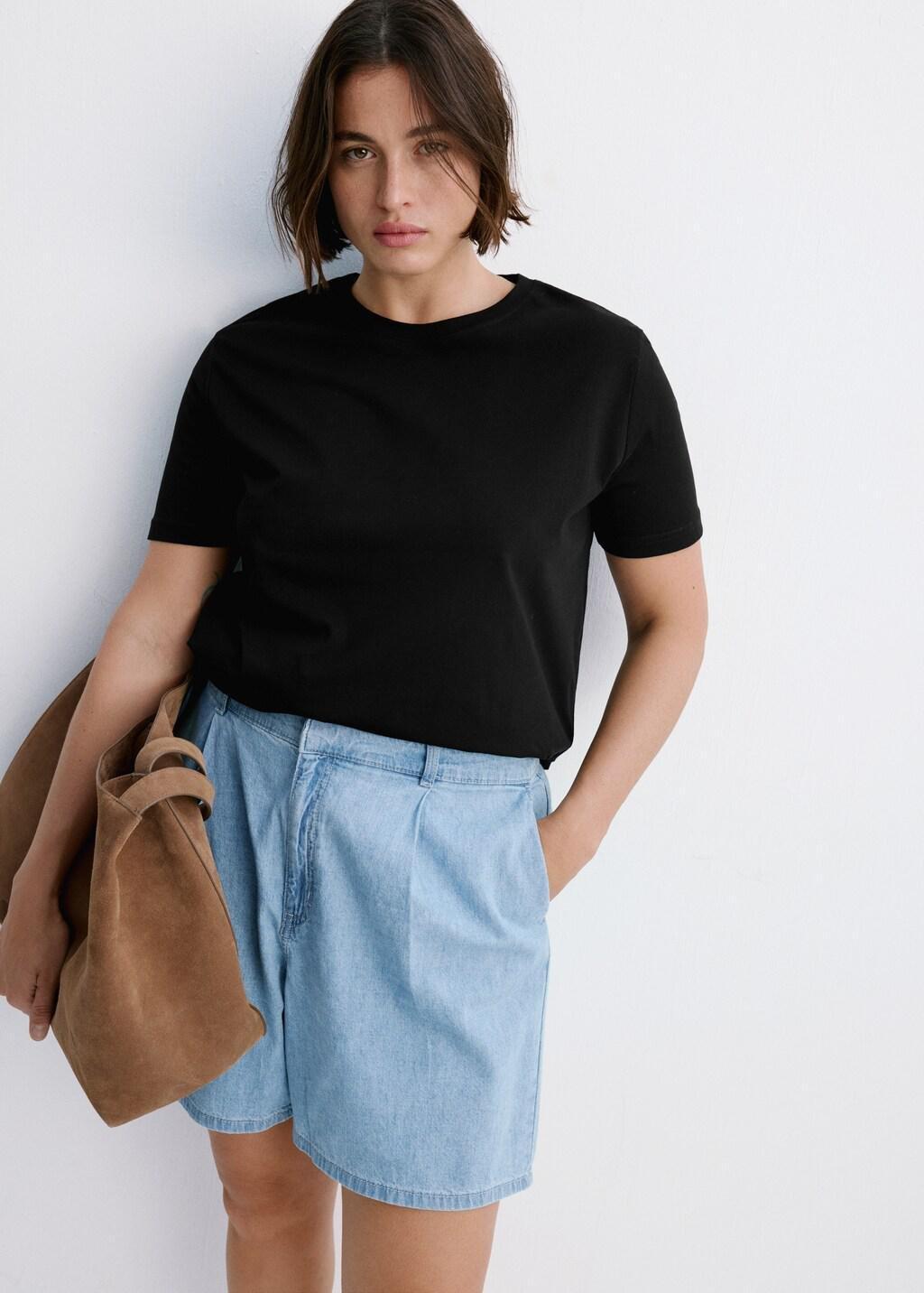 Black Rounded Neck Cotton T-Shirt, Black, large image number 6