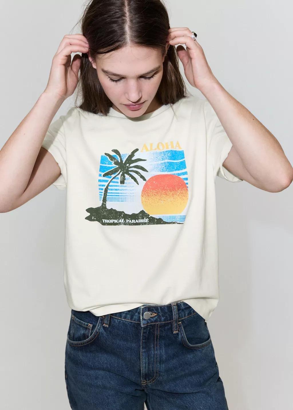 Beige Printed Cotton-Blend T-Shirt, Light Beige, large image number 3