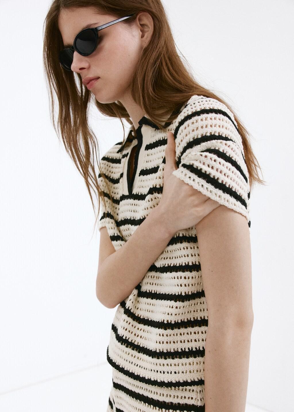White Striped Crochet Polo, Natural White, large image number 3