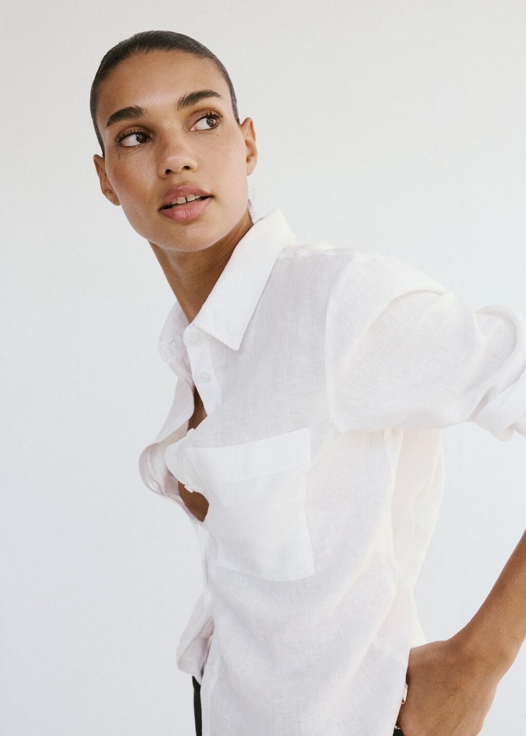 White Pocket Linen Shirt, Natural White, large image number 4