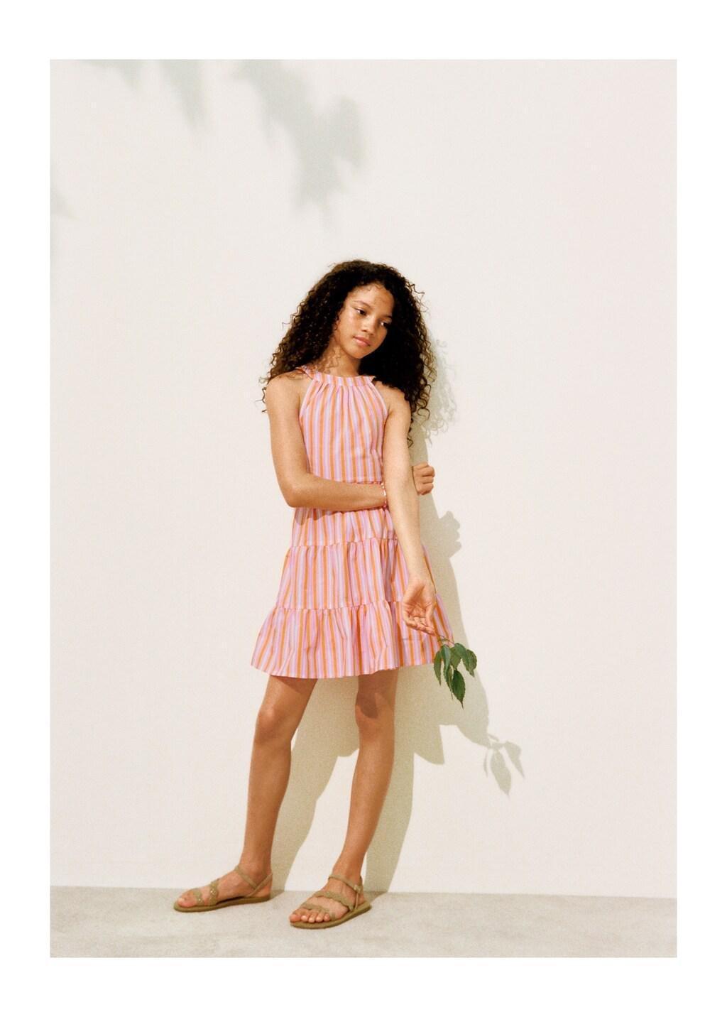 Orange Halter Cotton Stripe Dress, Kids Girls, Orange, large image number 4