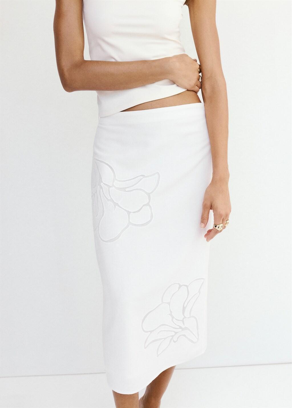 WHITE Linen skirt with floral embroidery, White, large image number 3
